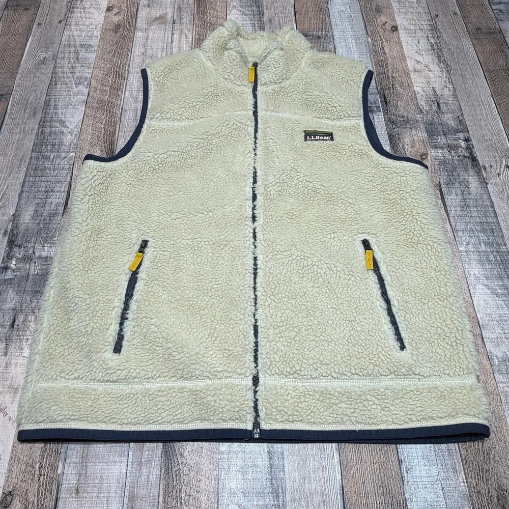 L.L.Bean Sherpa Fleece Vest Mens XL Ivory Full Zip Outdoor Hiking Camping Warm